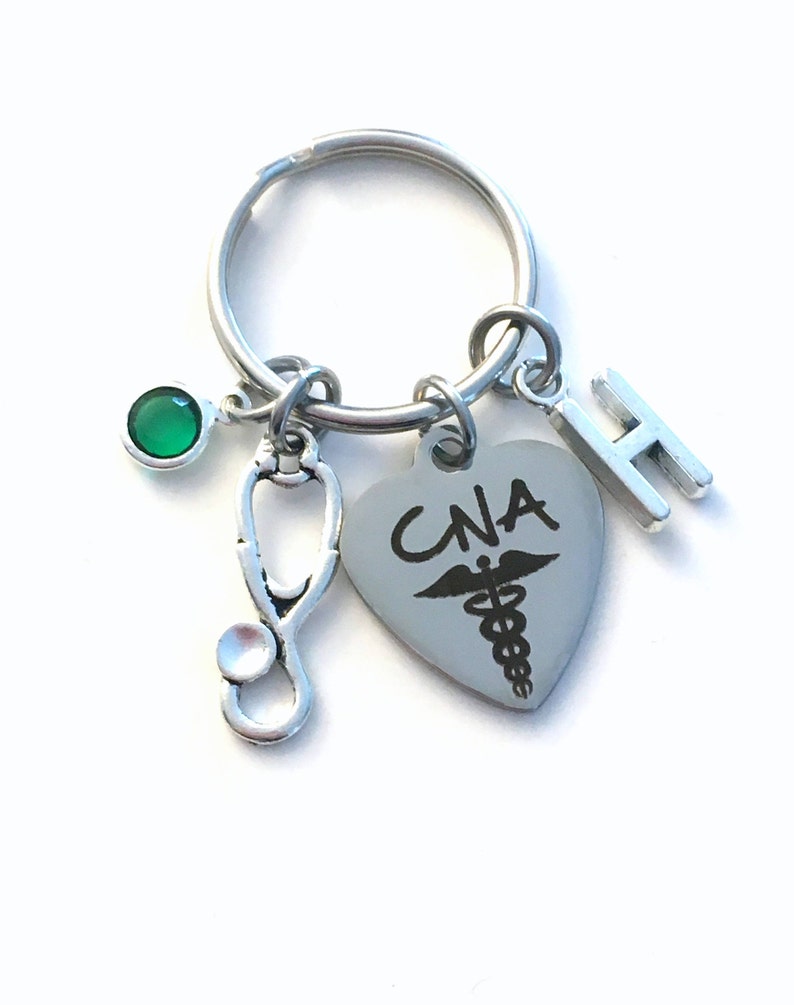 Gift for CNA KeyChain, Certified Nursing Assistant Key Chain, Nurse Keyring Personalized Initial Birthstone Birthday present her stethoscope image 1