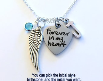 Loss of Son Daughter Sympathy Gift, Forever in my Heart Gift for Memorial Necklace Jewelry wing Charm Custom Personalized Initial Birthstone