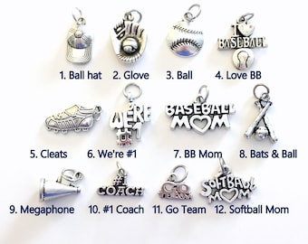 Baseball Charm, Add on to any of my listings 1 single Pendant, Silver Softball Cleat Bat Ball We're #1 Go Team Hat Cap I love Baseball coach