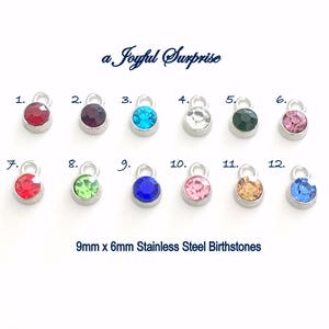 Birthstone charm, Add on a 9mm x 6mm round colored dangle to any listing, crystal dangle, Red Blue Purple Yellow Pink Green Sapphire Ruby