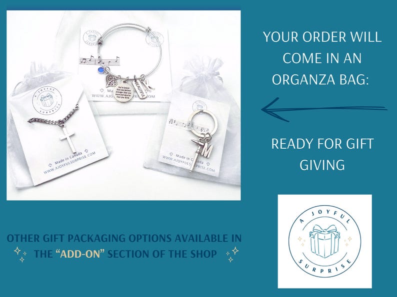 May include: A collection of jewelry and accessories, including a cross necklace, a bracelet with charms, and a keychain, presented in organza bags. The image includes text that says "Ready for gift giving."