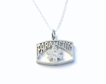Paramedic Necklace, Gifts for Paramedics, Silver Charm Jewelry, EMT Pendant Thank you Rhodium plated Men Women Graduation Retirement him her