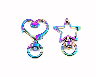 Heart or Star Rainbow Purse Clasp, Electroplated Key Chain, Key Ring, Rainbow Metal Snap Hook Lobster Clasp, Lanyard Keychain, Daughter Gift