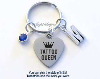 Tattoo Queen Keychain, Tattoo Artist Key Chain Keyring Gift for Girlfriend Sister Daughter Birthday Present Christmas initial birthstone