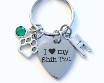 I love my Shih Tzu KeyChain Breeder Key Chain Gift for Dog Mom Keyring Doggie Puppy Shihtzu charm Silver Initial Birthstone present Women