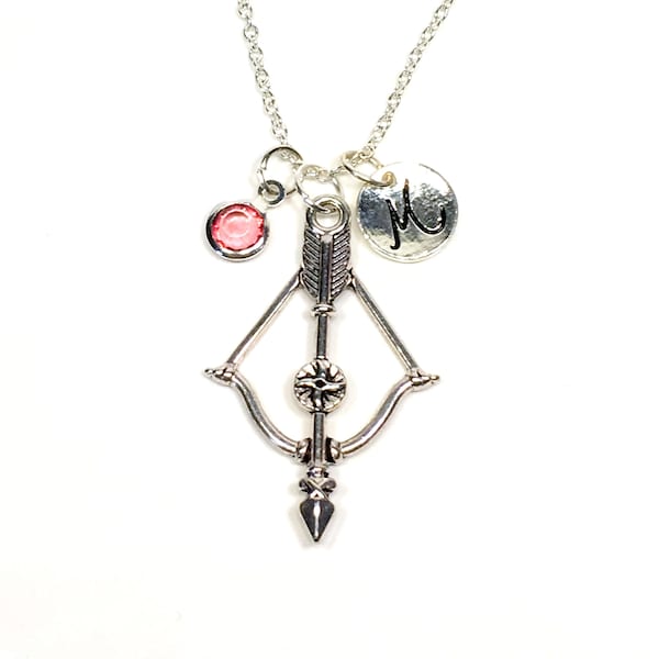 Crossbow Necklace, Silver Archery Jewelry, Biathlon Charm, Pewter Bow and Arrow, Gift for Arbalist Birthstone Initial Girlfriend present