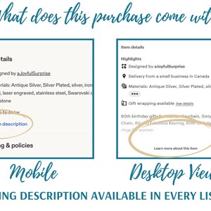 May include: Image showing mobile and desktop views of an Etsy listing. The mobile view highlights "Read item description", while the desktop view features "Learn more about this item". Both views display item details and highlights.