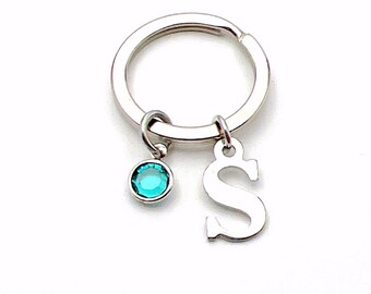 Initial Key Chain, Monogram Keychain, Letter and Birthstone Keyring, Personalized gift present A B C D E F G H I J K L M N O P Q R S T W her