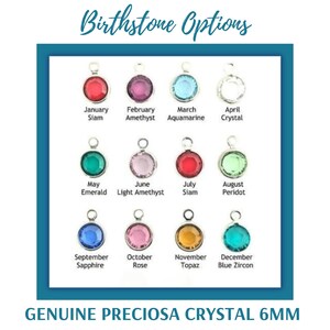 May include: Image features a selection of birthstone options, each represented by a 6mm genuine Preciosa crystal charm. The charms are in various colors, including red, purple, blue, and green, with labels indicating the month and stone name. Text at the top reads "Birthstone Options."