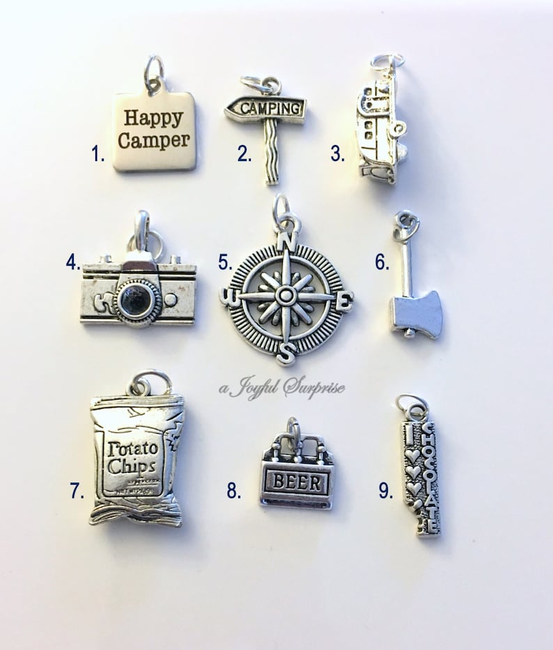 Camping Charm, Add on to any of my listings, 1 single Pendant, Happy Camper, Sign, RV Trailer, Camera, Compass, Potato Chip, Beer, Chocolate image 1