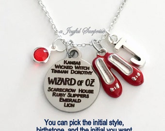 Wizard of Oz Necklace, Ruby Slippers Jewelry Dorothy Red Shoes, Gift for Musical Silver charm Initial Birthstone  present Galinda Glinda