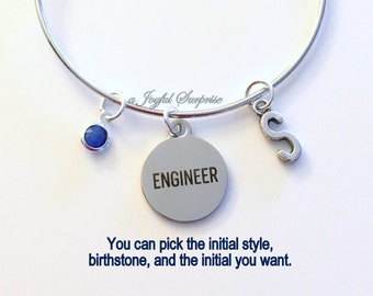 Engineer Bracelet Gift for Engineering Student Jewelry Civil Mechanical Mecatrons Charm Bangle Silver initial Birthstone Personalized Custom