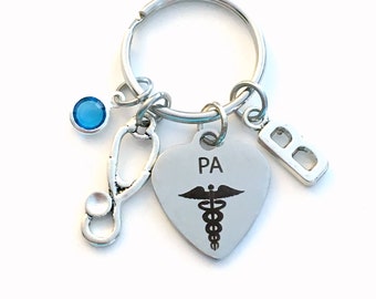 Personalized Physician Assistant Keychain, PA Keyring, Gift for Doctor Assistant, Stethoscope Key chain Medical Caduceus Birthstone initial