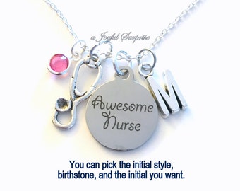 Gift for Awesome Nurse Jewelry, Nursing Necklace, Stethoscope Charm Custom Personalized Initial Birthstone birthday gift Christmas present