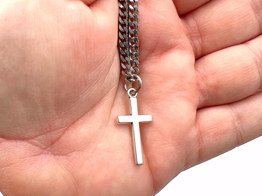 Cupimatch Collana Uomo Croce In Acciaio Inox - Ciondolo 5,6x3,5 Cm, Catena 56 Cm, Colori Nero/Argento/Oro, Regalo Cristiano