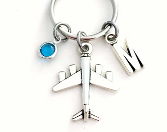 Airplane Keychain, Gift for Pilot, Personalized with initial Birthstone, Custom Jewelry Flight Attendant Gift Keyring Key Chain present 138