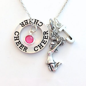 Cheer Necklace, Gift for Cheerleader Present, Cheerleading Jewelry, Circle Silver Charm initial letter birthstone Teen Girl Coach child lady image 1