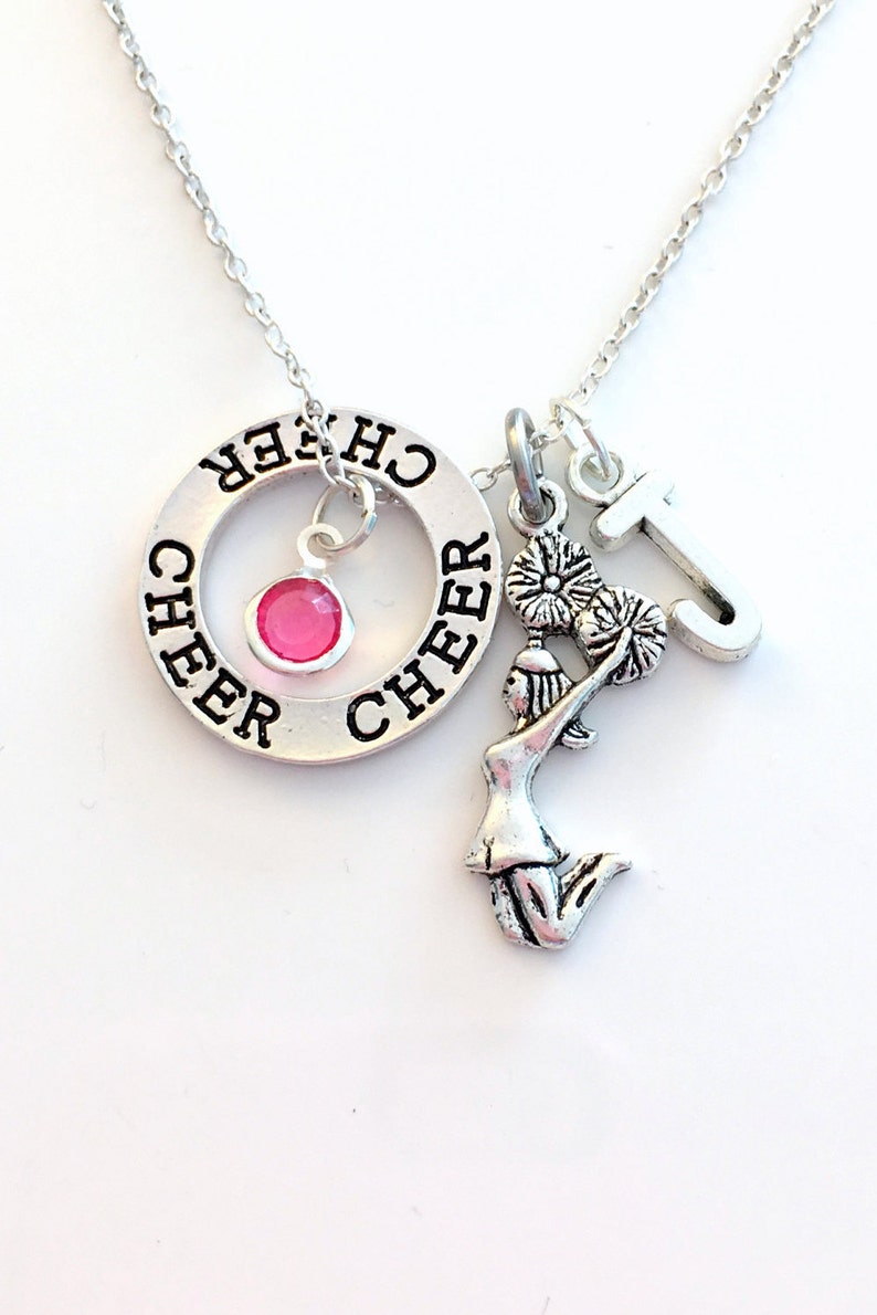 Cheer Necklace, Gift for Cheerleader Present, Cheerleading Jewelry, Circle Silver Charm initial letter birthstone Teen Girl Coach child lady image 1