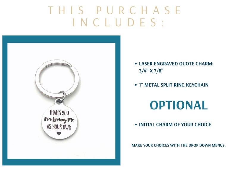 Step Dad Gift, Thank you for loving me as your own KeyChain, Gift for Guardian Keyring, Foster Parents Key chain, letter Birthday present us image 2