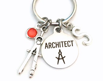Gift for Architect KeyChain, Architectural Technology Student, Architecture Key Chain Keyring Initial letter present birthstone men women