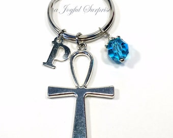 Ankh Keyring, Cross Key chain Gift for Religious Leader Keychain, Ancient Egyptian Religion, Cross Symbol Theme Favor Initial Birthstone her