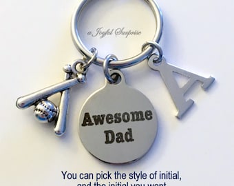 Baseball Dad Keychain, Softball Step Dad Coach Key Chain, Gift for Father's Day Present Keyring Awesome Initial Letter from daughter son him