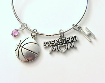 Basketball Mom Bracelet Basket Ball Jewelry Charm Bangle Team Silver initial Gift for Mother Athlete Parent birthstone Personalized Custom