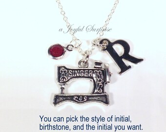 Sewing Machine Necklace, Gift for Seamstress Jewelry, Home Economics Student Life Sew Birthday Present, Singer with initial birthstone 192