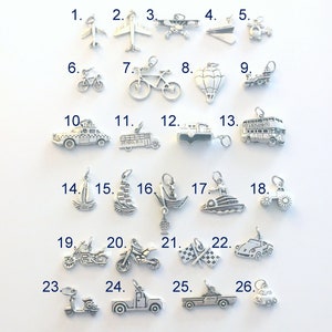 Vehicle Charm, Your choice of transportation Charm, Airplane Car Dirt Bike Bicycle Boat Taxi Truck Tractor Motorcycle Bus - 1 Silver Pendant