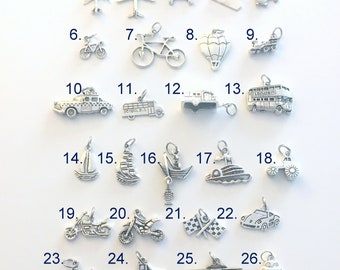 Vehicle Charm, Your choice of transportation Charm, Airplane Car Dirt Bike Bicycle Boat Taxi Truck Tractor Motorcycle Bus - 1 Silver Pendant