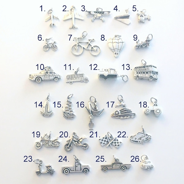 Vehicle Charm, Your choice of transportation Charm, Airplane Car Dirt Bike Bicycle Boat Taxi Truck Tractor Motorcycle Bus - 1 Silver Pendant
