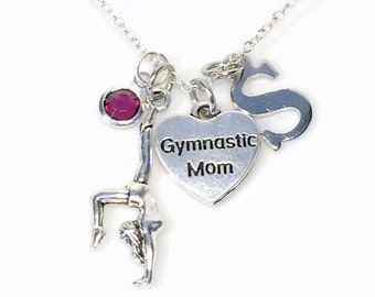 Gymnastic Mom Necklace Personalized, Gymnast Jewelry, Gift for Team Mom Silver Charm Pendant heart Mother Present initial birthstone her mum