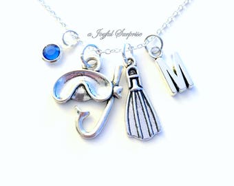 Scuba Diving Necklace, Snorkeling Jewelry, Diver's Charm Instructor Gift Personalized Initial Birthstone birthday present Christmas Gift her