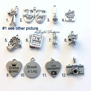 Movie Set Charm, Add on to listings, single Pendant, Silver Reel Clapper, Camera, Directors Chair, Drama Mask, Peanut, Photography, Film image 1