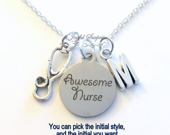 Nursing Necklace, Awesome Nurse Jewelry, Stethoscope Charm Monogram Gift for Man Men Male woman women Initial birthday present her him 925