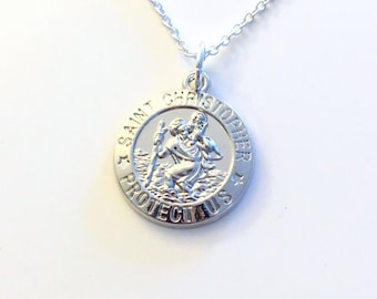 St. Christopher Medallion Necklace, Silver Gift for New Driver Jewelry, Safety Safe Driving Charm, Religious symbol girl boy Relic Catholic