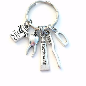 Cadeau dentiste porte-clés / cadeau étudiant en médecine dentaire / hygiéniste porte-clés, dent, fil dentaire, pâte et brosse porte-clés
