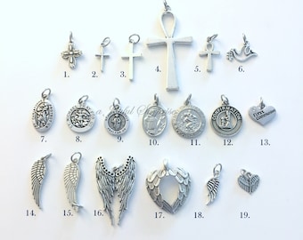 Religious Charm, Add on or separate single Cross, Medallion, Wing Pendant for Necklace, Key Chain, Bracelet Keychain Silver Ankh Symbol Dove