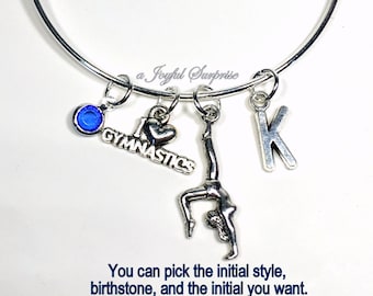 Gift for Gymnast Bracelet, Gymnastic Jewelry, Silver Adjustable Bangle Personalized Birthstone Initial Custom Birthday Present Teenage Girl