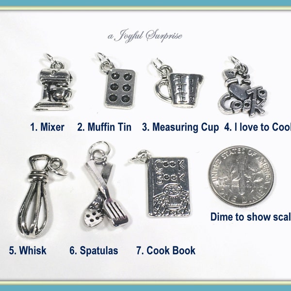 Baking Charm, Cooking Charms, Your choice Mixer, Muffin Tin, Measuring Cup, I love to Cook, Whisk, Spatula, Cook Book Charms -1 Silver Charm