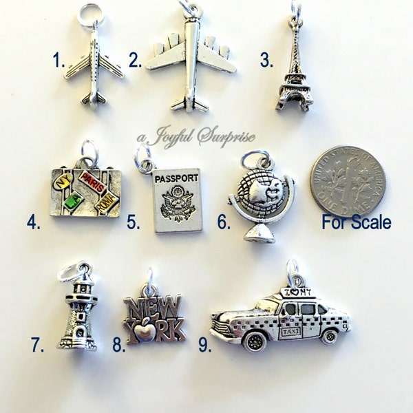 Silver Travel Charm, Add on to any of my listings - 1 single Charm, airplane, lighthouse New York Passport Luggage Globe Eiffel Suitcase