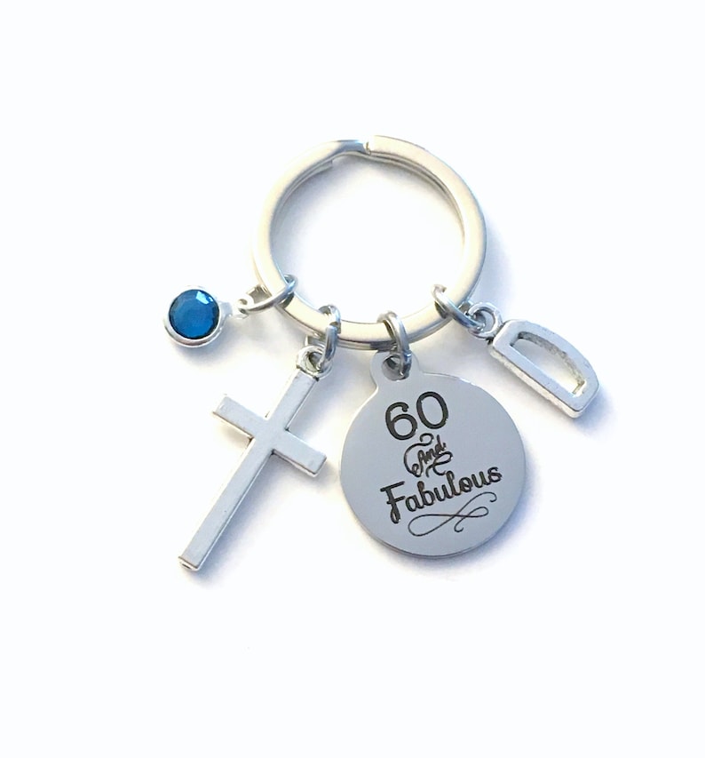 60th birthday gifts for her Keychain Women Key Chain Sixty 60 and Fabulous Keyring Present Cross Religious
