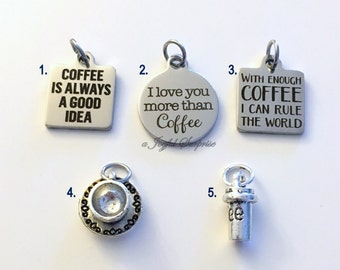 Pingente de Café, Adicione a qualquer anúncio. Pingente individual. Café é sempre uma boa ideia. Prata. Aço inoxidável. Frase gravada a laser.