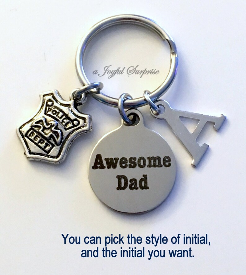 Policeman Man Men Emblem Keyring Awesome Dad Initial Letter Gift for Police Dad Keychain Father/'s Day present Officer Shield Key Chain