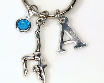 Gymnast Keychain Custom Silver Gymnastic Keyring Key Chain, Gift For Girl or boy Jewelry Purse Planner Charm Personalized initial teenage