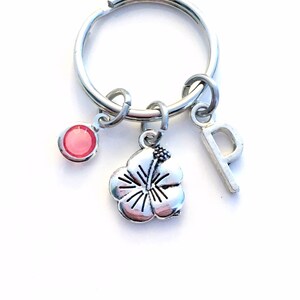 Hibiscus KeyChain, Flower Key Chain, Gift For teenager Girl Teen Jewelry Letter birthstone initial custom purse planner charm Silver keyring