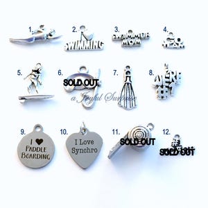 Water Sports Charm Add on to listing single Pendant Silver Swimmers Mom, Go Team Scuba Fin Mask Swimming Swim Surfer Surfing Synchronized