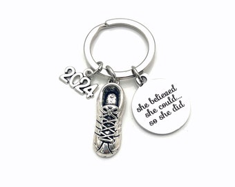 Running Key Chain, 2024 Track Keychain, Gift for Marathon Runner, Sneaker Keyring, half Cross Country long distance She believed she could