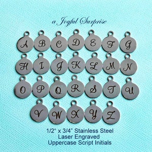 Add an Initial Charm / 1/2" x 3/4" Stainless Steel Script Font Letter Charm / Monogram Pendant / Capital Letter / Fancy Pretty Font Circle