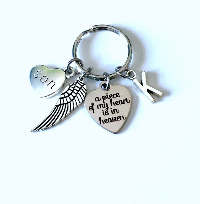 Memorial Key Chain with Wing, A piece of my heart is in Heaven Sympathy Gift Keychain, Loss of Mom Dad Son Daughter Husband Wife brother image 1